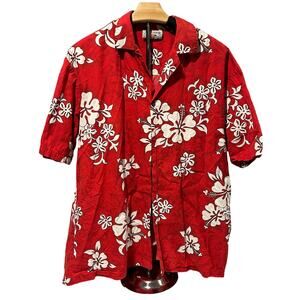 Pacific Legend Men's Hawaiian Shirt Size L Red White Hibiscus Short SleeveRayon